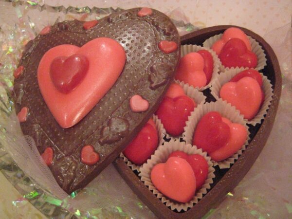 Edible Solid Milk Chocolate Heart Box Filled With Red and Pink Candies