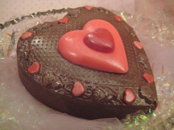 Edible Solid Milk Chocolate Heart Box Filled With Red and Pink Candies - Image 2