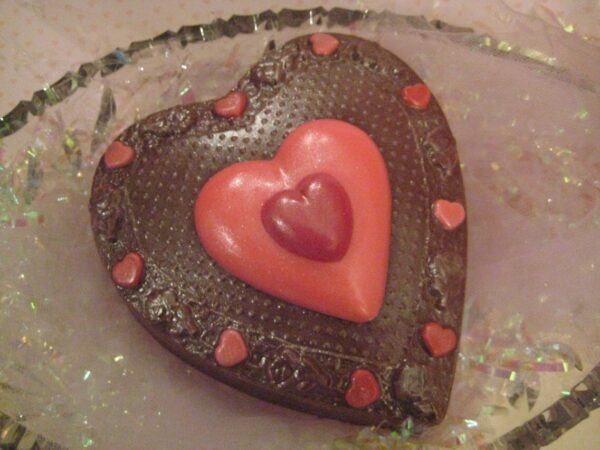 Edible Solid Milk Chocolate Heart Box Filled With Red and Pink Candies - Image 3