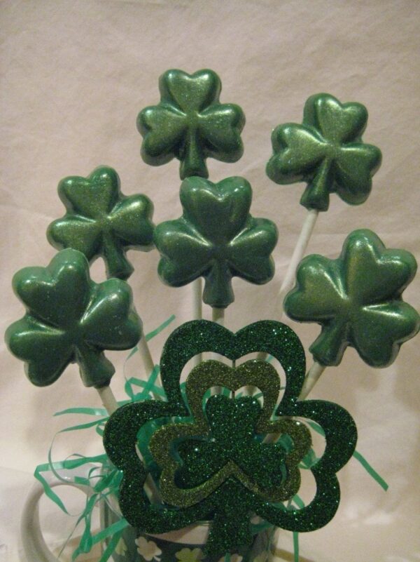 24-Green Glittery Chocolate Shamrock Lollipops