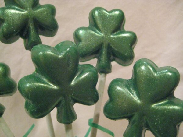 24-Green Glittery Chocolate Shamrock Lollipops - Image 2
