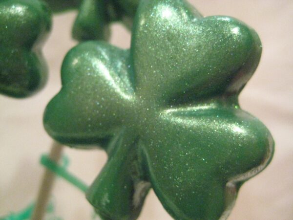 24-Green Glittery Chocolate Shamrock Lollipops - Image 3