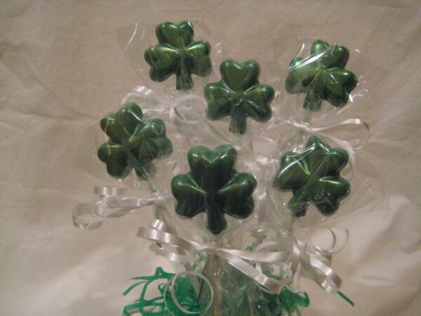 24-Green Glittery Chocolate Shamrock Lollipops - Image 4