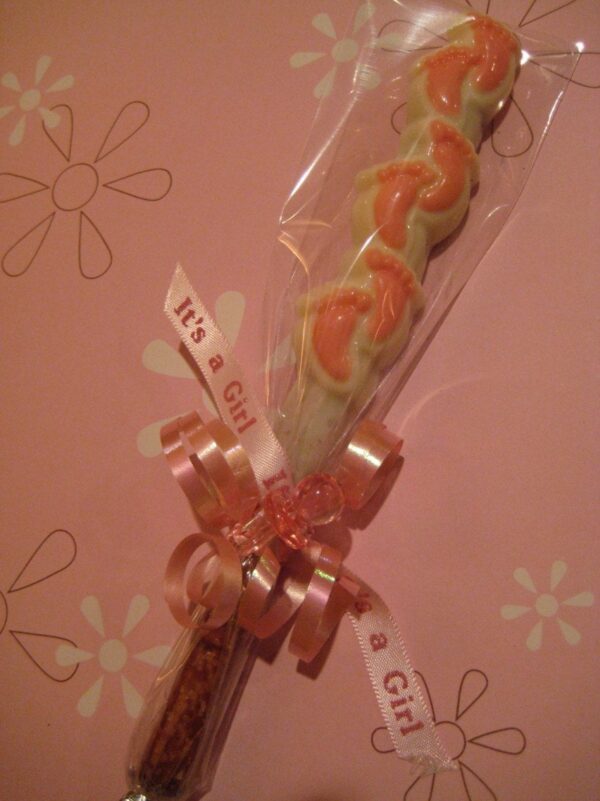 12-Baby Footprints, White Chocolate Covered Pretzel Rods For Baby Shower/Party Favors - Image 2