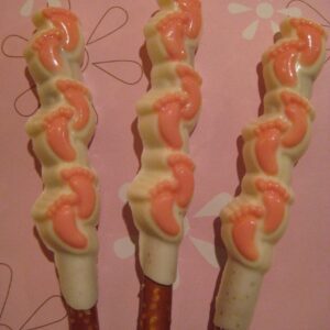 12-Baby Footprints, White Chocolate Covered Pretzel Rods For Baby Shower/Party Favors