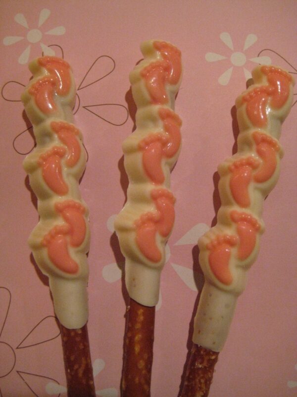 12-Baby Footprints, White Chocolate Covered Pretzel Rods For Baby Shower/Party Favors