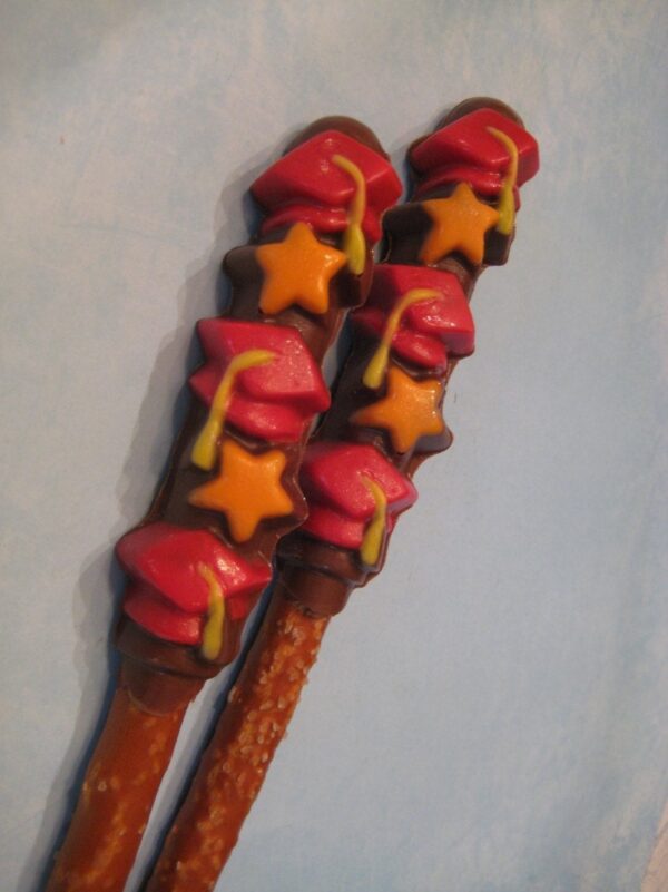 12-Graduation Chocolate Covered Pretzel Rods With Caps and Stars