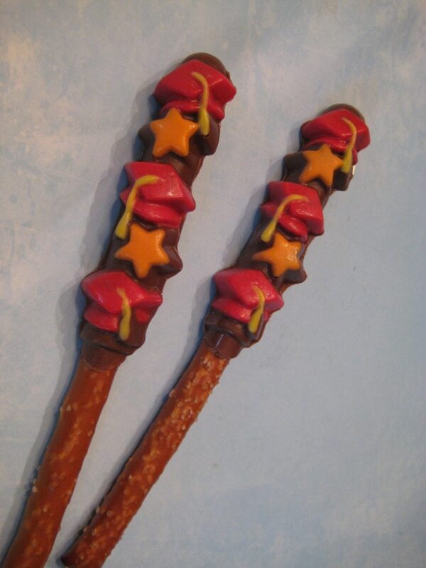 12-Graduation Chocolate Covered Pretzel Rods With Caps and Stars - Image 2