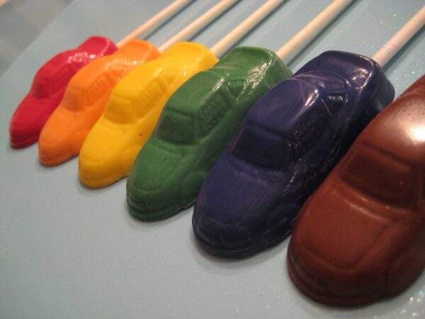 24-Assorted Rainbow White Chocolate Race Car Lollipop Favors