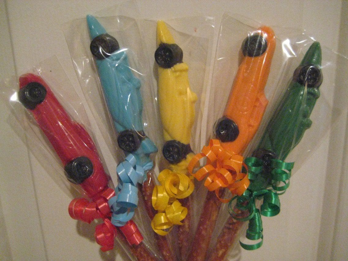 12-Race Car Chocolate Covered Pretzel Rods: Car-shaped chocolates on pretzel sticks, wrapped in clear plastic with decorative ribbons.