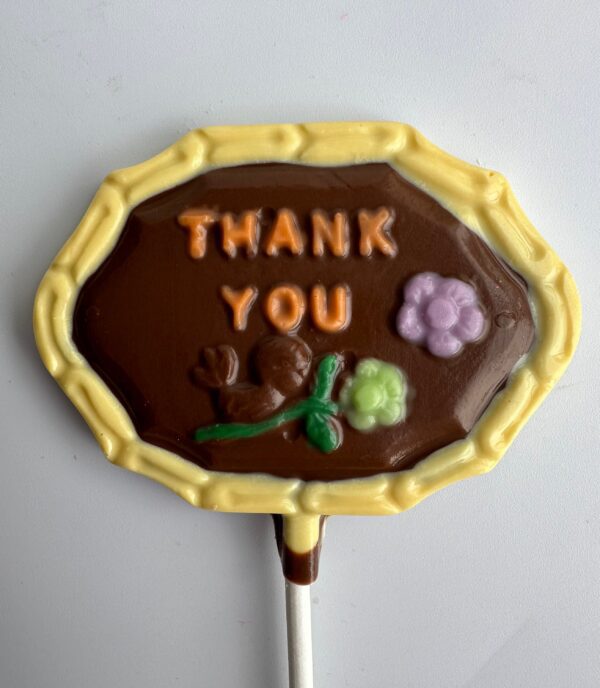 A "12-Thank You Chocolate Lollipops" item featuring orange "Thank You" text, a yellow border, and small flower decorations.