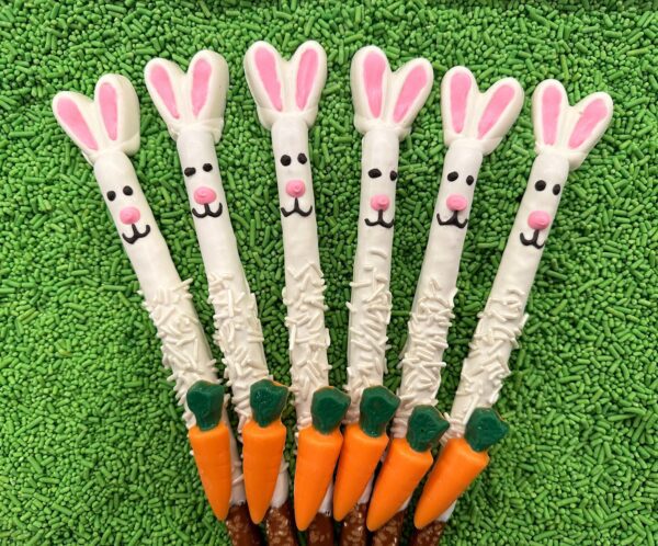 12-Easter Bunny Chocolate Covered Pretzel Rods for Easter/Easter Basket/Easter Party