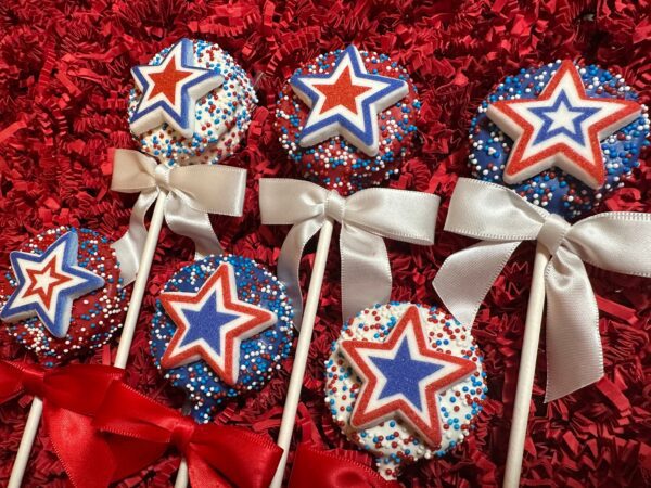 12-Patriotic Red, White and Blue Star Chocolate Covered Oreo Pops For Memorial Day Party/4th of July Picnic - Image 4
