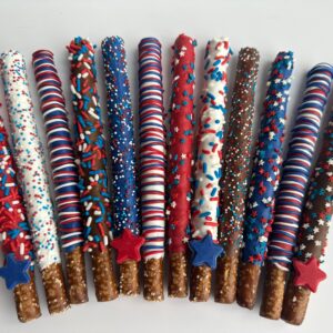 12-Patriotic Chocolate Covered Pretzel Rods For Memorial Day/4th of July/Fourth of July Picnic