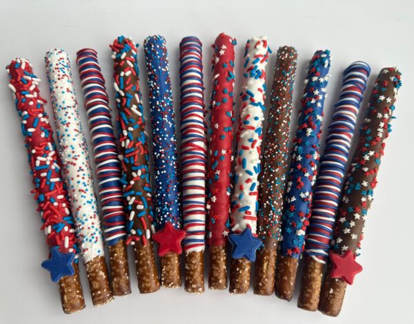12-Patriotic Chocolate Covered Pretzel Rods For Memorial Day/4th of July/Fourth of July Picnic