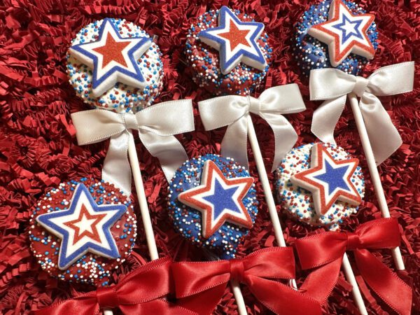 12-Patriotic Red, White and Blue Star Chocolate Covered Oreo Pops For Memorial Day Party/4th of July Picnic