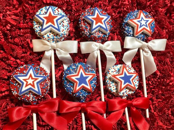 12-Patriotic Red, White and Blue Star Chocolate Covered Oreo Pops For Memorial Day Party/4th of July Picnic - Image 3