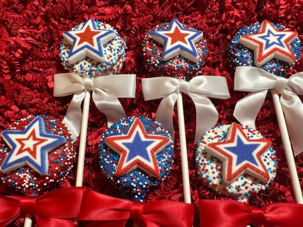 12-Patriotic Red, White and Blue Star Chocolate Covered Oreo Pops For Memorial Day Party/4th of July Picnic - Image 6