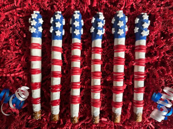12-Patriotic Flag Chocolate Covered Pretzel Rods For Memorial Day/4th of July Picnic