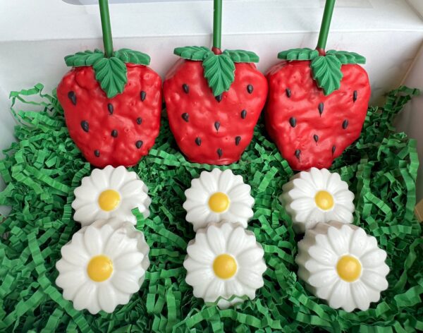 6-Strawberry Shaped Rice Krispie Treats & 6 Chocolate Covered Mini Oreo Blossoms Gift Box For Tea Party/Birthday Party/Birthday Gift