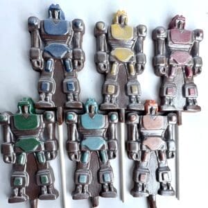 12- Metallic Robot Milk Chocolate Lollipop Favors