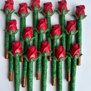 12-Long Stem Roses-Chocolate Covered Pretzel Rods For Birthday Gift/Anniversary Gift/Special Occasion