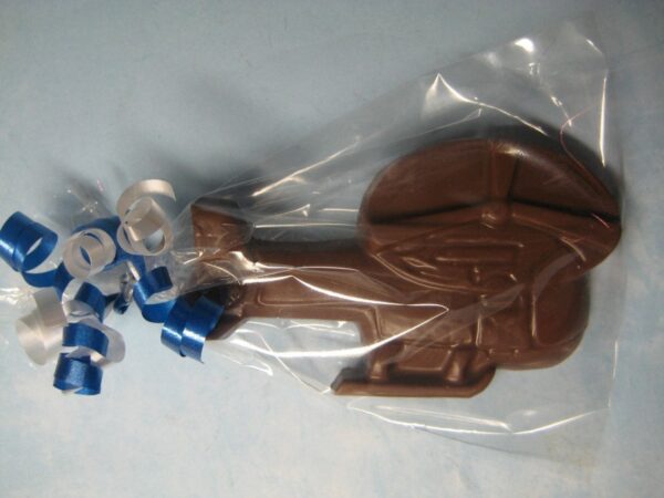 12-Chocolate Helicopter Favors wrapped in clear plastic with blue and white ribbon curls.