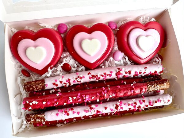 3 Heart Chocolate Covered Oreo and Pretzel Rod Treat Gift Box For Anniversary Gift/Sweetheart Gift/Valentine’s Day Gift Box - Image 2