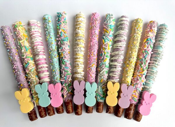 12-Easter Peeps Chocolate Covered Pretzel Rods with Chocolate Peeps for Easter/Easter Basket/Easter Party