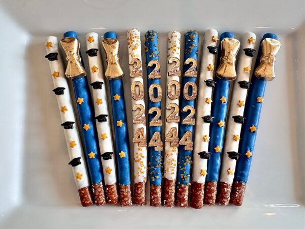 A white plate displays decorated pretzel rods featuring blue, white, and gold coatings with stars, hats, and gold "2024" on them.