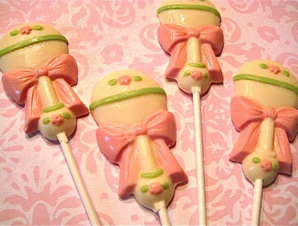 12-Sweet White Chocolate Baby Rattle Lollipop Favors For Girl/Boy Baby Shower - Image 2