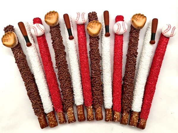 12-Baseball Themed Chocolate Covered Pretzel Rods For Baseball Party/Baseball Game/Baseball Fan/Party Favors