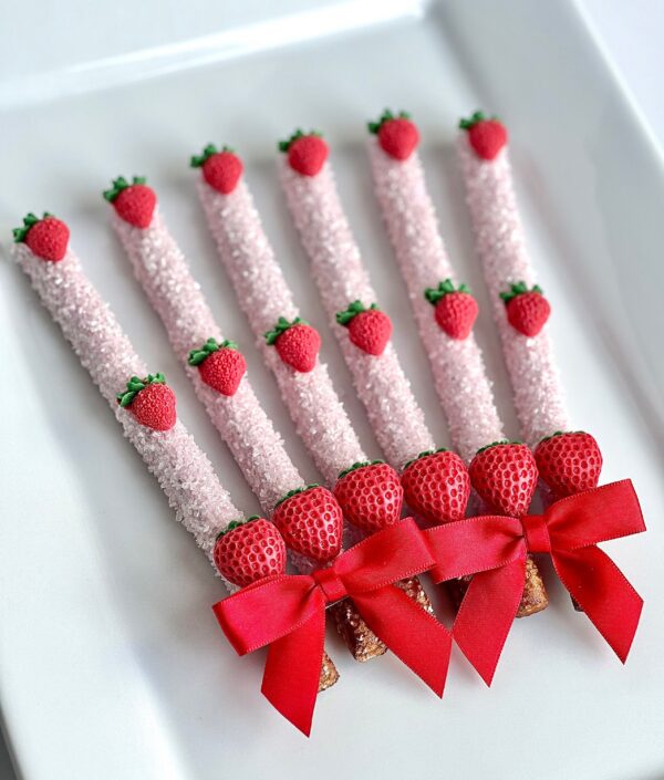 12 brilliant strawberry chocolate-covered pretzel rods decorated with small toppers and red ribbon bows are arranged on a white plate, perfect for birthday gifts, anniversaries, special occasions, or baby showers.