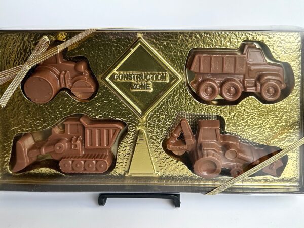 A "Construction Zone" labeled chocolate box featuring a dump truck and bulldozer design, named Construction Trucks Chocolate Gift Box, perfect for occasions like Father's Day, birthdays, or any celebration.