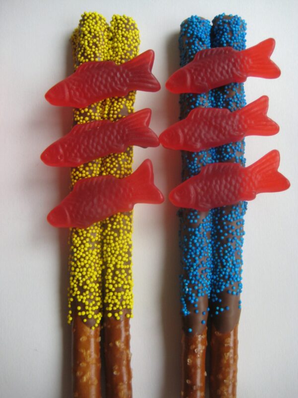 12-Double Chocolate Covered Pretzel Rods with Swedish Fish - Image 2