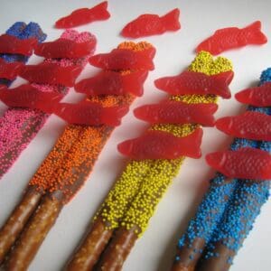 12-Double Chocolate Covered Pretzel Rods with Swedish Fish