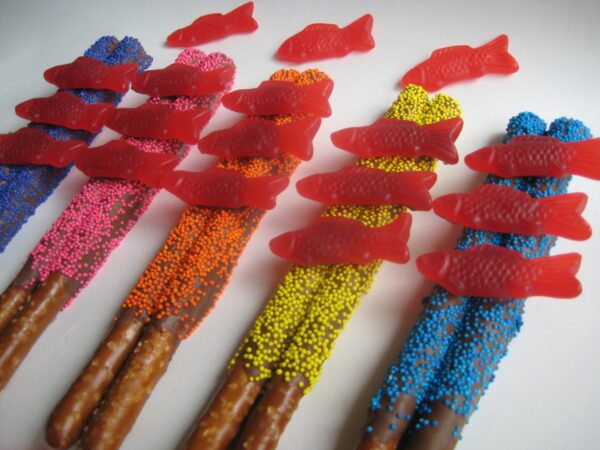12-Double Chocolate Covered Pretzel Rods with Swedish Fish
