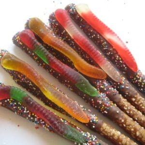 12-Gummy Worm Chocolate Covered Pretzel Rods