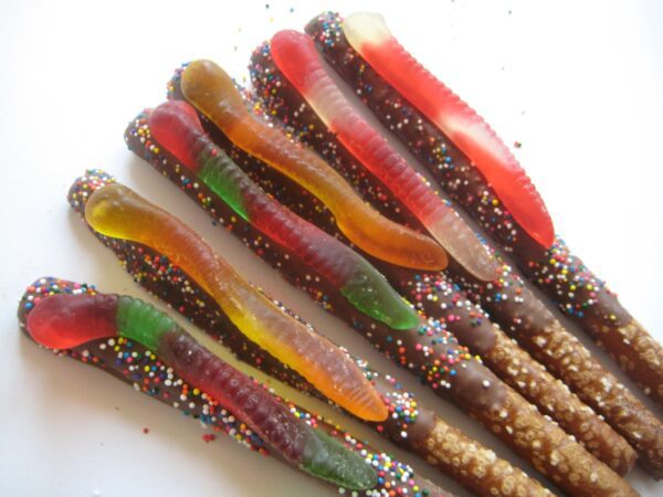 12-Gummy Worm Chocolate Covered Pretzel Rods