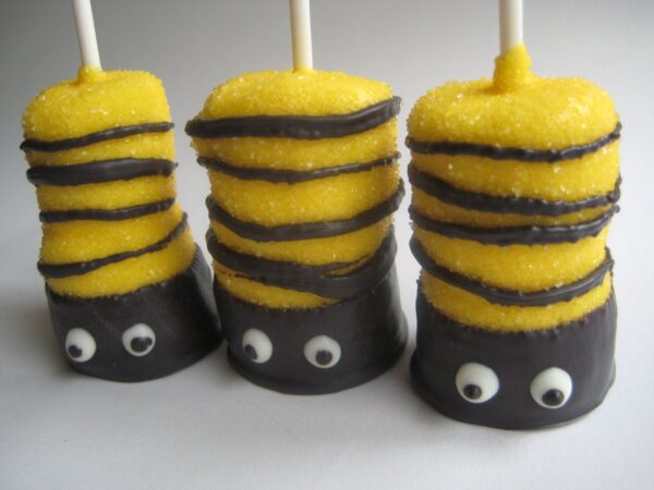 12-Glittery Bumble Bee Chocolate Covered Double Marshmallow Pops For Party Favors/Birthday Favors/Shower Favors