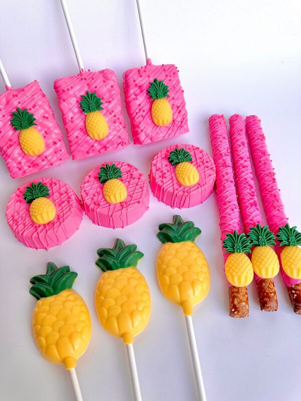 The 48 Piece Pink Pineapple Treat Package features pineapple-themed delights like rectangular and round pops, pretzel sticks, and lollipops for any birthday or pineapple party.