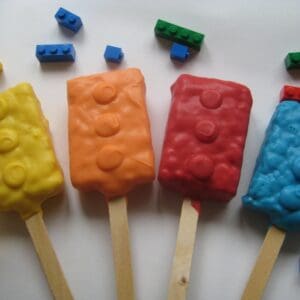 12-Lego Inspired Chocolate Covered Rice Krispie Treats