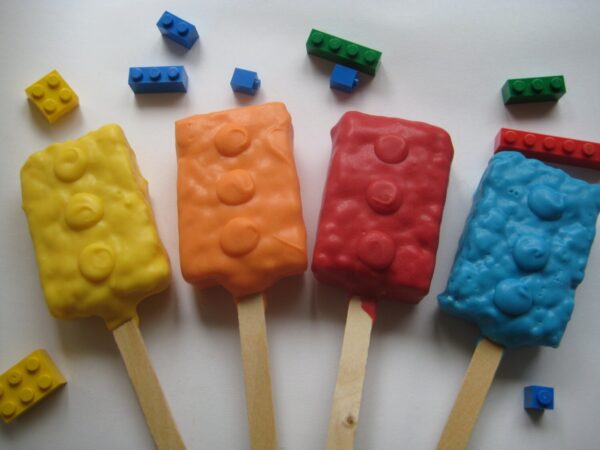 12-Lego Inspired Chocolate Covered Rice Krispie Treats