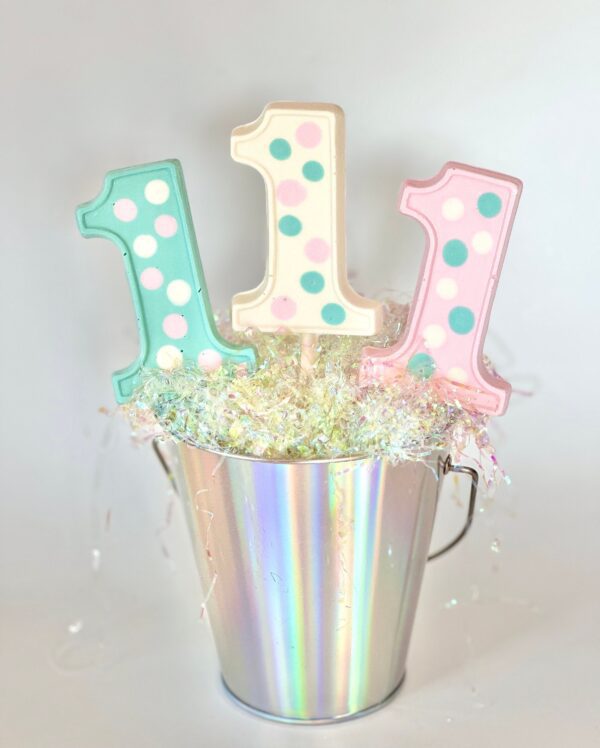 12-Polka Dot #1 Chocolate Lollipop Favors For Baby's First Birthday - Image 2