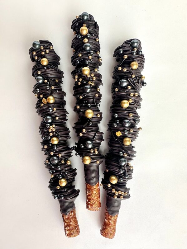 12-Black and Gold Chocolate Covered Caramel Pretzels For Wedding/Wedding Shower/Birthday/Baby Shower/Party Favors - Image 5