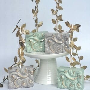 12-Spectacular Sage and Pebble Colored Chocolate Covered Rice Krispie Treats With Gold Accents