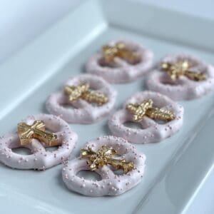 12-Gold Cross Pastel Pink Chocolate Covered Pretzel Twists